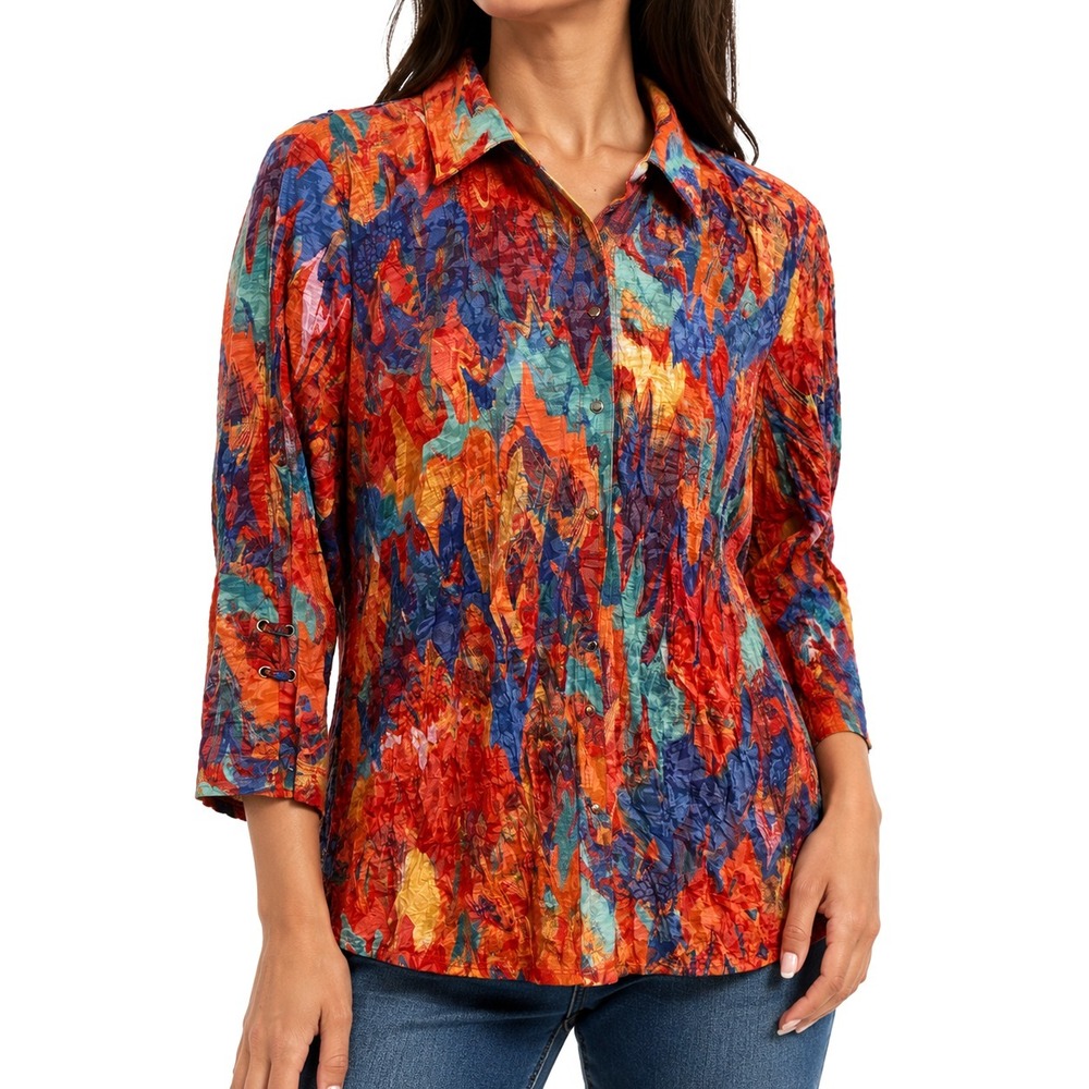 NEW Ali Miles Snap Up Blouse Womens L 3/4 Sleeve Abstract Artsy Art To Wear
